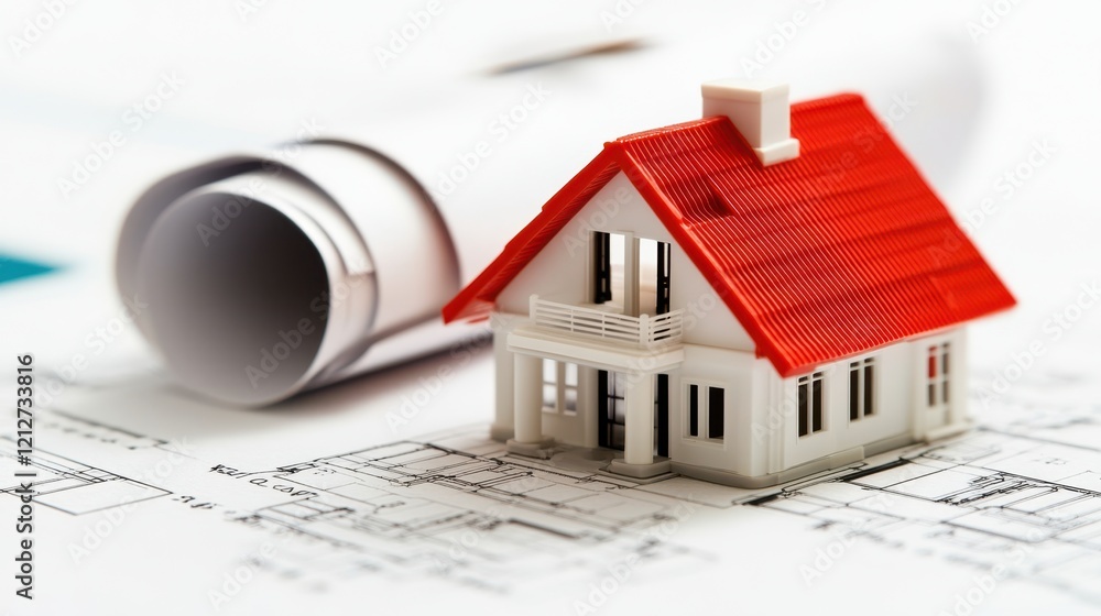 Poster a detailed close-up of a model house positioned on a blueprint, showcasing architectural design and 