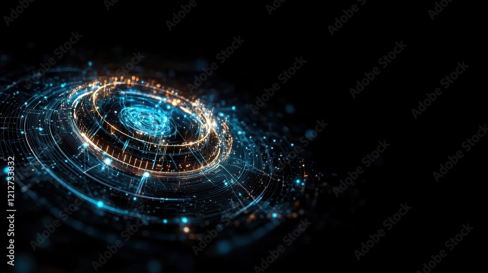 Poster a detailed close-up of a circular object illuminated by a vibrant blue light, showcasing its texture