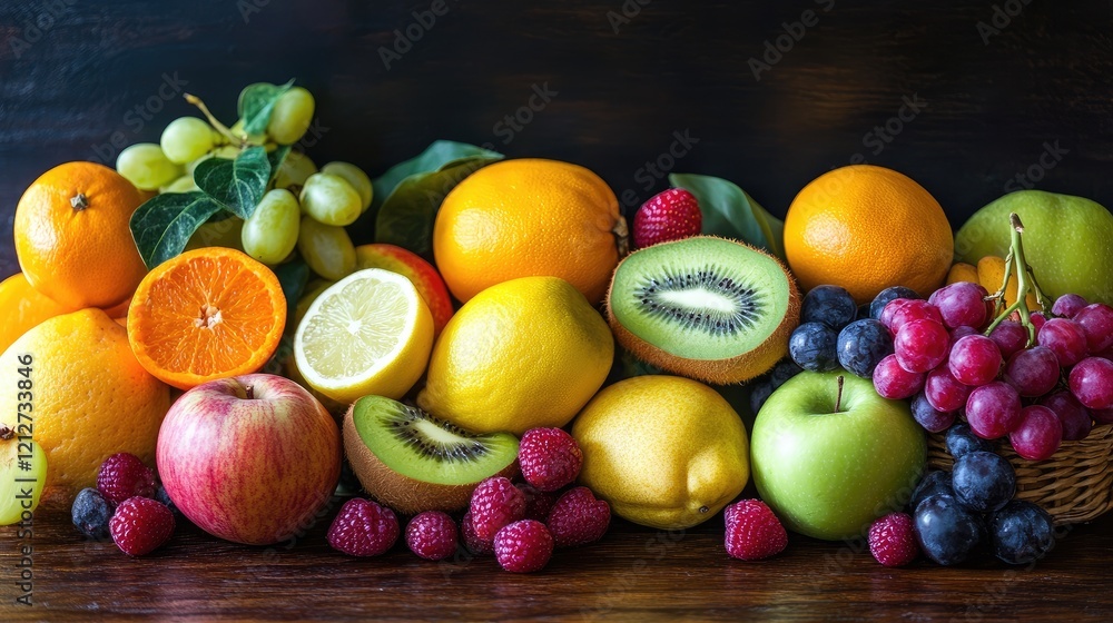 Poster fresh and colorful assortment of fruits displayed on dark background