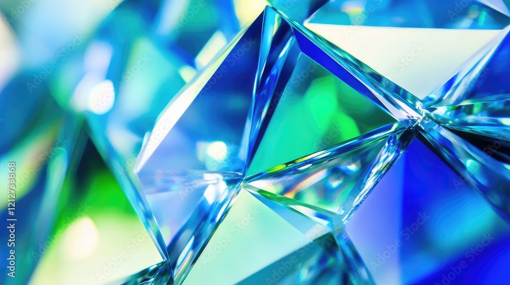 Poster glittering blue and green prism facets reflecting light in abstract macro photograph with intricate 