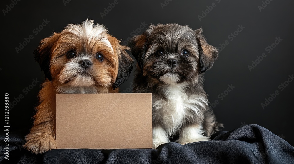 Poster Two charming Shih Tzu puppies on black fabric with an empty sign for customizable text placement or promotional use