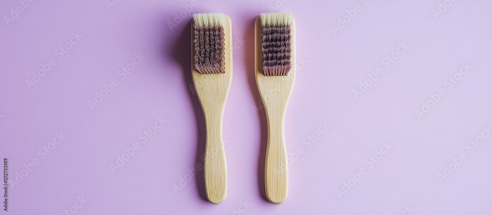 Poster Two construction brushes of different lengths placed on a soft lilac background viewed from above showcasing their design and texture.