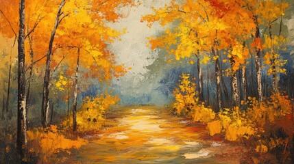 Naklejka premium Serene autumn forest trail featuring golden and orange foliage with a tranquil path through vibrant nature in warm hues of yellow and blue.