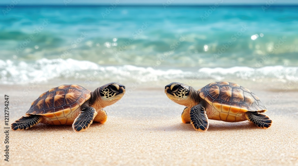 Poster two baby turtles exploring a sandy beach with gentle waves in the background reflecting a serene oce