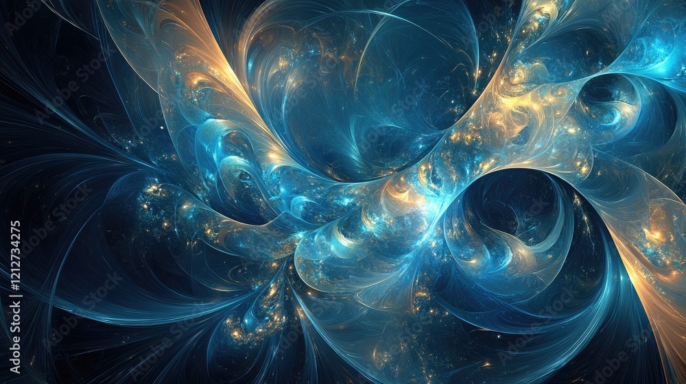 Leinwandbilder vibrant abstract digital artwork featuring swirling blue and golden hues with intricate fractal patt