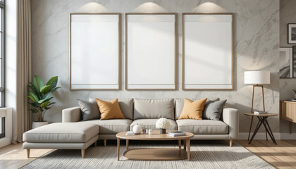 Fototapeta premium Frame Mockup on Living Room Wall, Modern Interior Design with 3D Render.