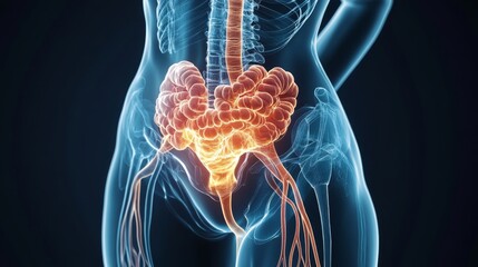 3D Medical Illustration: Female Anatomy, Sigmoid Colon Highlighted