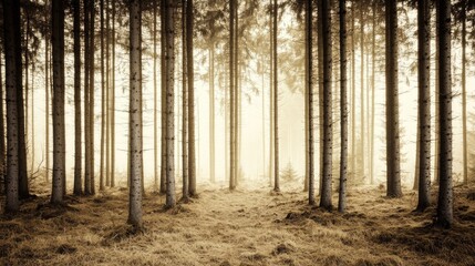 Serene vintage sepia forest scene with tall trees and soft light creating a calm and nostalgic atmosphere in nature.