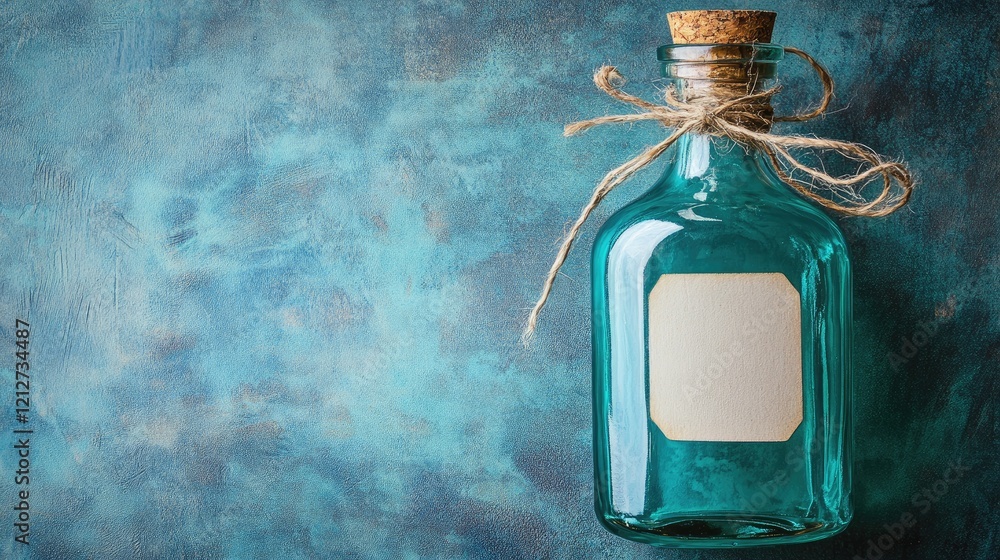 Poster turquoise glass bottle with blank label and twine on rustic textured background