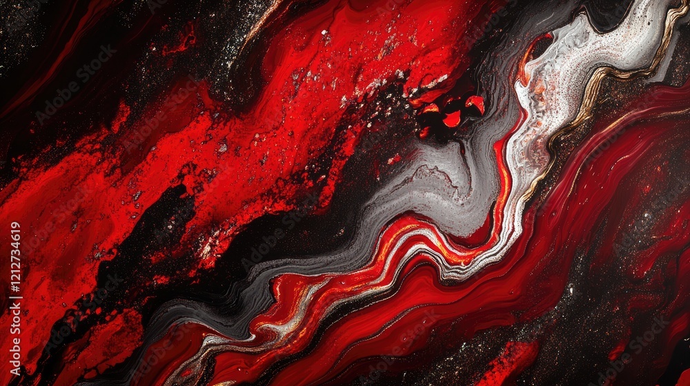 Poster Dynamic abstract digital artwork featuring bold red and silver hues with fluid patterns and organic shapes. Ideal for modern design projects.