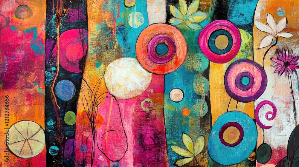 Fototapete Colorful Abstract Art with Dynamic Swirls and Circular Shapes Creating a Vibrant and Energetic Visual Experience
