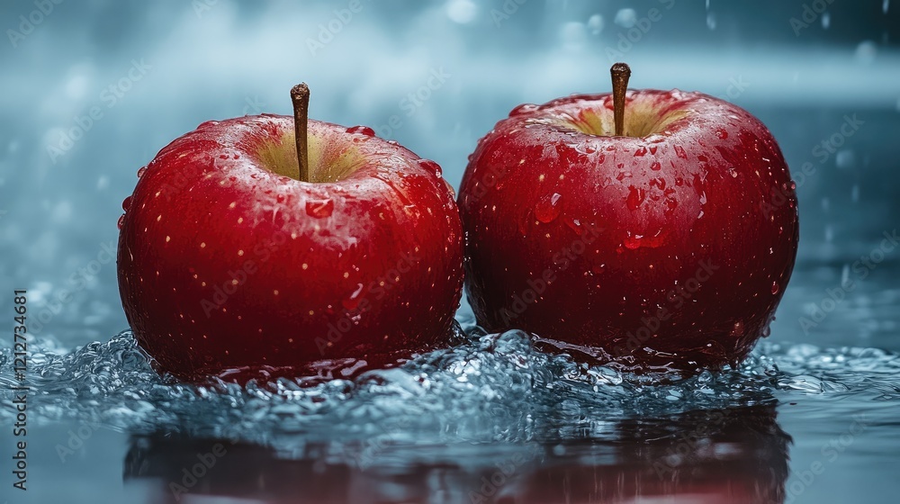 Poster fresh red apples with vibrant water droplets splashing in a serene water setting illustrating freshn