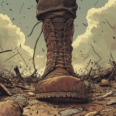 Obraz premium A Soldiers Boot Crushing Devastation and Ruin