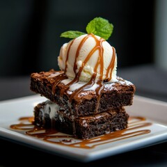A decadent dessert featuring rich, fudgy brownies topped with creamy ice cream and drizzled with caramel sauce, garnished with a fresh mint leaf.