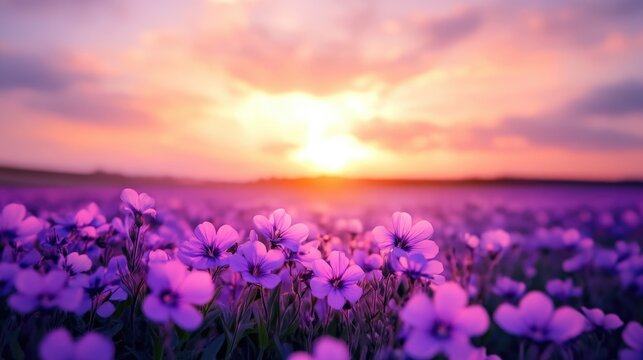 Vibrant violet flower field under a stunning sunset sky creating a serene and enchanting landscape background for nature scenes