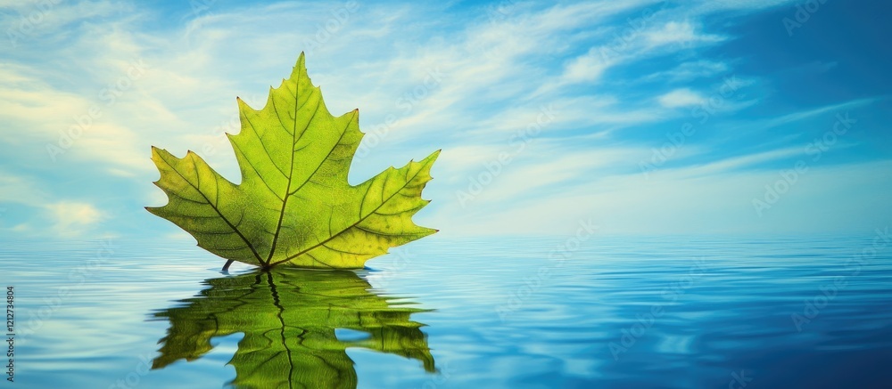 Aufkleber vibrant green maple leaf floating on tranquil water with blue sky and clouds creating a serene natur