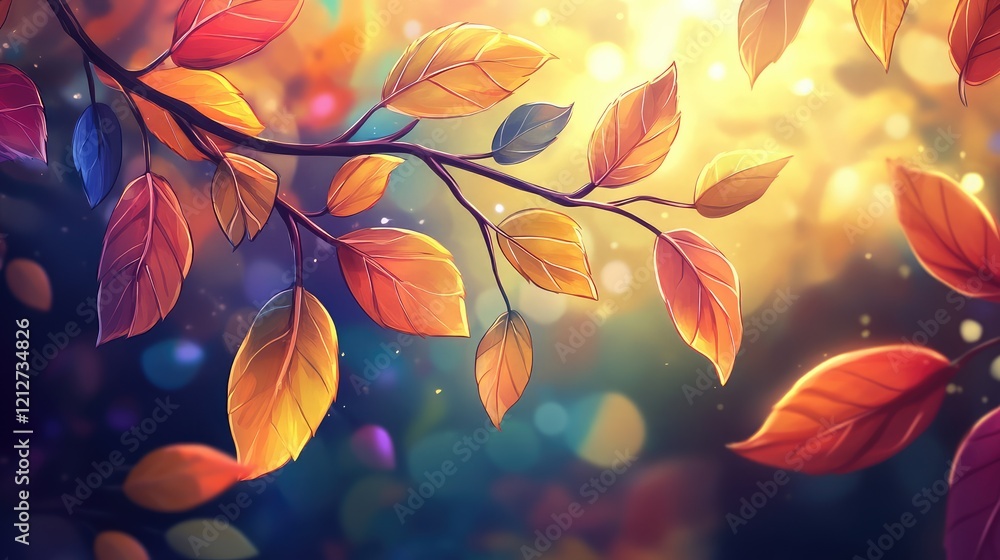 Poster radiant autumn foliage with bright orange and red leaves against a soft sunlit background in a color
