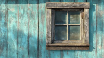 Rustic wooden window framed in weathered turquoise wall illuminating vintage charm and timeless beauty in architecture