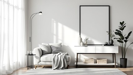 Frame mockup, paper size. Living room wall poster mockup. Interior mockup with house background. Modern interior design.