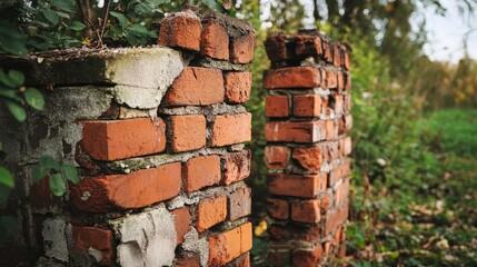 Naklejka premium Abandoned Rustic Brick Walls Surrounded by Nature in an Urban Landscape