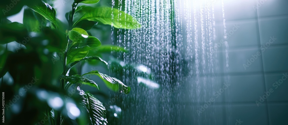 Poster refreshing close up of cascading water in a shower surrounded by lush greenery creating a tranquil a