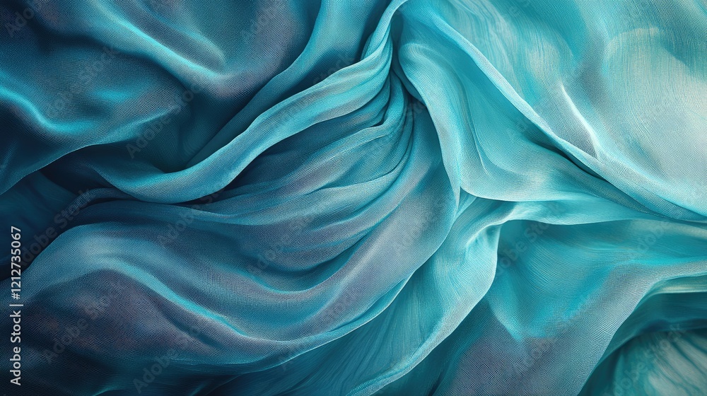 Poster luxurious close up of elegantly folded turquoise silk fabric showcasing rich texture and vibrant col