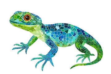 Fototapeta premium Mosaic style illustration of a green and blue lizard, representing wildlife, nature, and design
