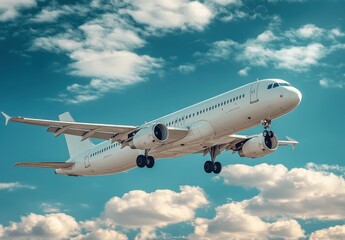 Obraz premium A sleek white airplane takes off against a backdrop of a bright blue sky with fluffy clouds, symbolizing freedom, travel, and adventure in the aviation industry.