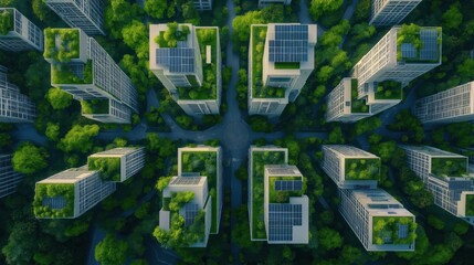 A cityscape with tall buildings and green roofs