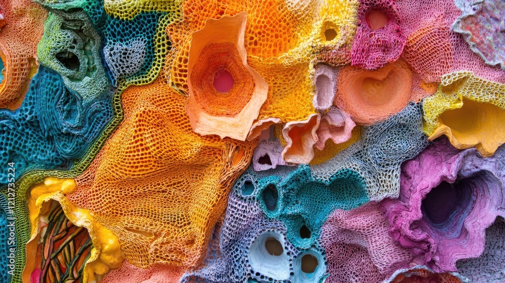 Poster Colorful abstract composition crafted from recyclable materials showcasing textures and dynamic forms in a vibrant artistic display