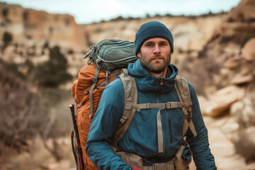 Bearded hiker carrying backpack and trekking poles exploring mountain trail during hiking trip