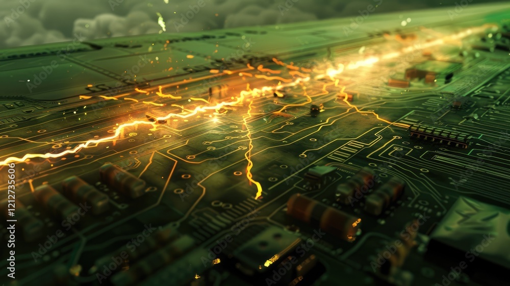 Poster explore an abstract computer circuit background featuring vivid sparks and glowing lines. perfect fo