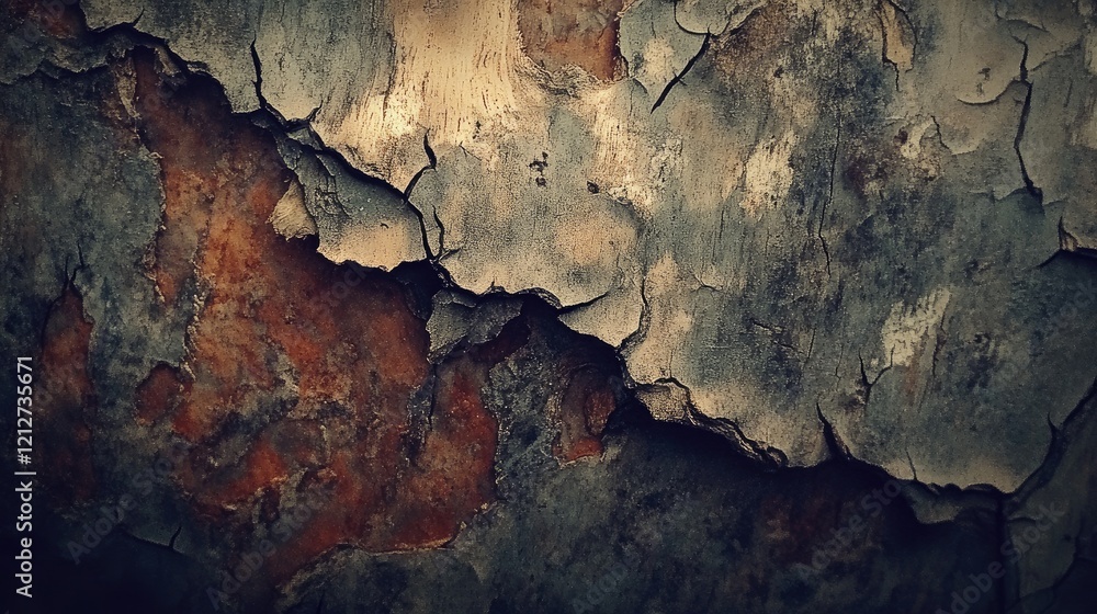 Poster aged rustic tree bark texture with intricate peeling layers and rich color variations suitable for b