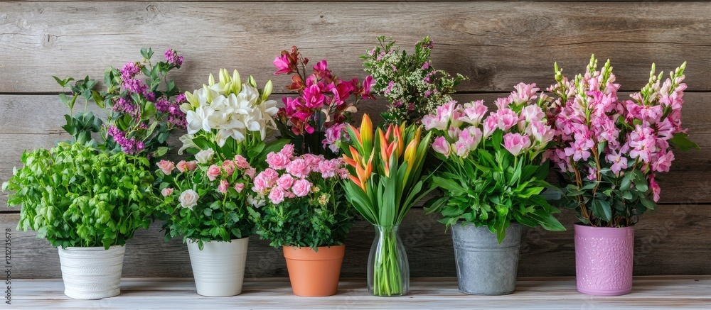 Poster elegant arrangement of colorful home flowers in pots on a rustic wooden table enhancing cozy interio
