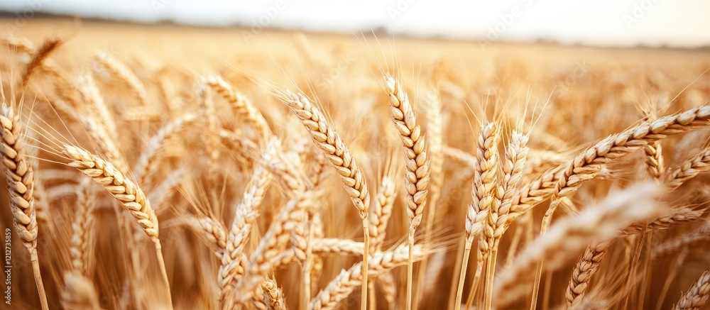 Poster golden wheat field at sunset in agricultural landscape with soft horizon and empty text space suitab