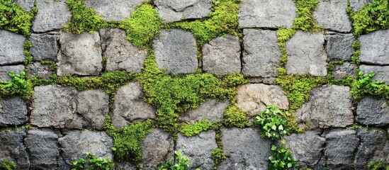 Obraz premium Lush green moss adorning a rustic stone wall in a serene natural environment with ample space for text placement