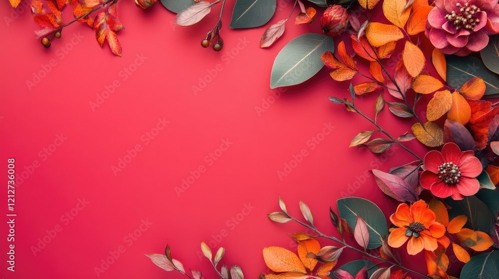 Poster vibrant autumn floral arrangement on a bold red background with abundant negative space for text and