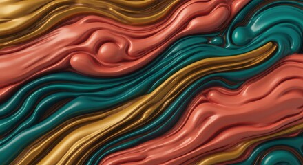Obraz premium Abstract Liquid Flow: An artistic abstract design features dynamic, swirling, and flowing lines of vibrant teal, gold, and pink, creating a mesmerizing and captivating visual experience.