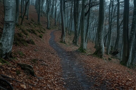 Winding forest path, autumn leaves, misty woods, background trees, nature scene