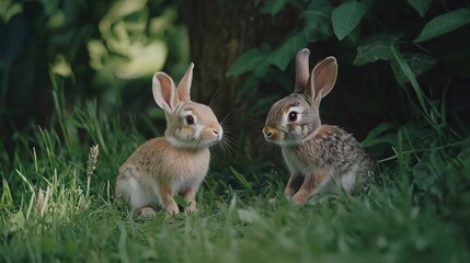 Fototapeta premium Two cute rabbits resting in lush green grass surrounded by vibrant foliage in a serene garden setting.