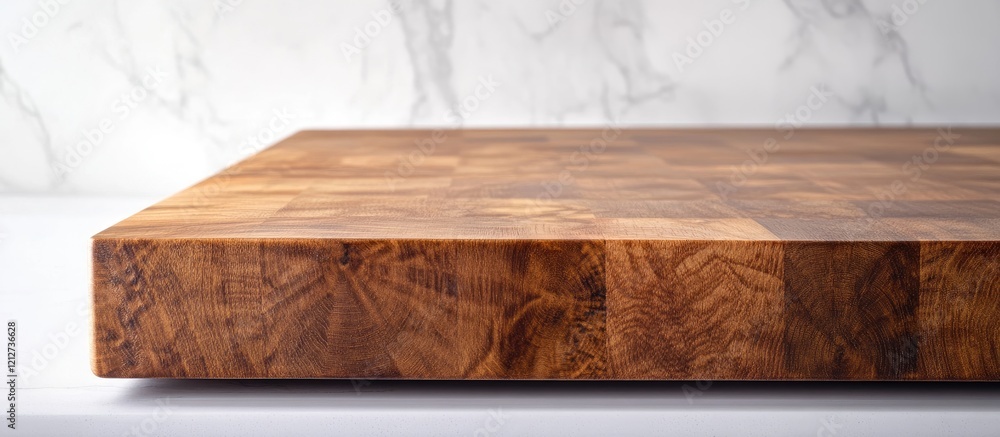 Poster End grain wood countertop in sharp focus with a blurred white kitchen backdrop perfect for product display and design aesthetics.