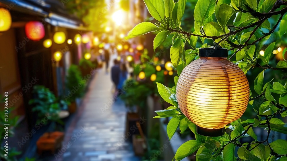 Poster a serene pathway illuminated by colorful lanterns, surrounded by lush greenery, creating a warm and 
