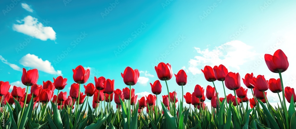Poster Tranquil vertical landscape showcasing vibrant red tulip fields under a clear blue sky with fluffy white clouds and ample negative space for text