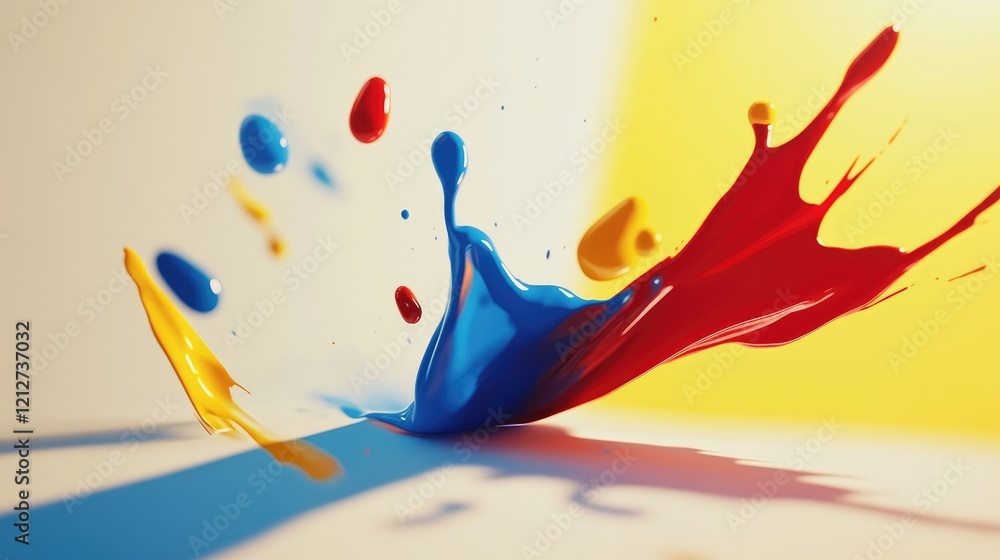 Poster Dynamic abstract paint splash in blue red and yellow against a bright white background creating an energetic visual effect with soft shadows