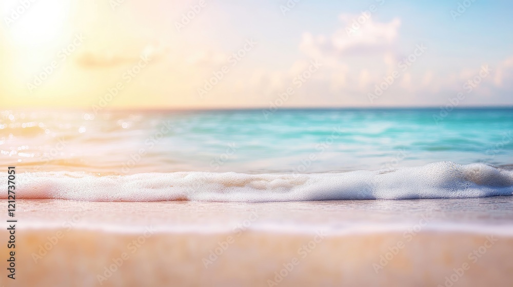 Aufkleber Tranquil beach at sunrise with soft waves and warm colors creating a serene atmosphere ideal for summer relaxation and escape.