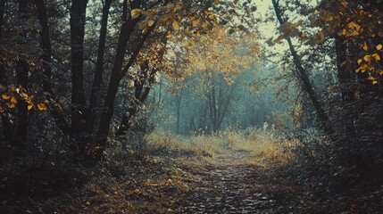Fototapeta premium Forest pathway in autumn light showcasing vibrant foliage and morning mist in a serene natural landscape scene.