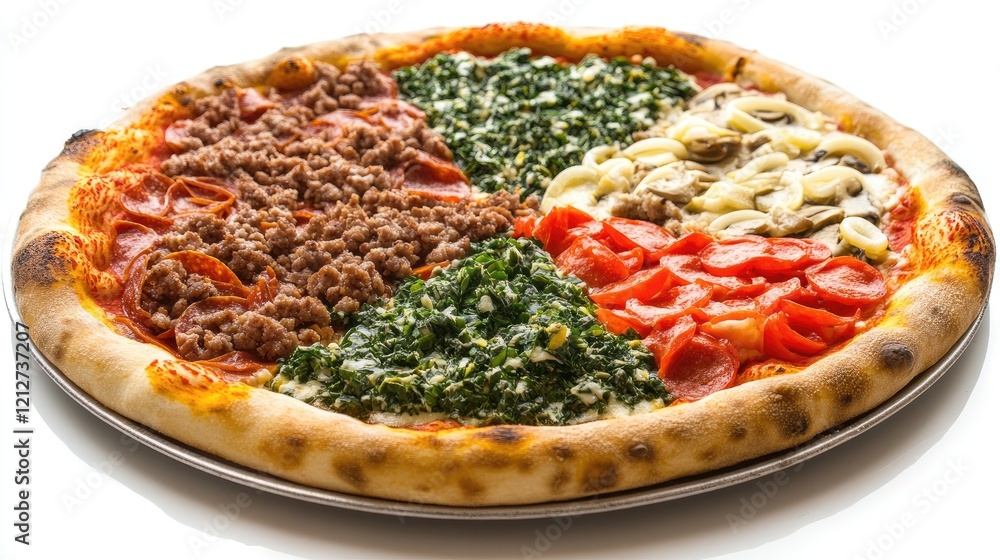 Poster four seasons pizza with assorted toppings sliced and displayed on a white background showcasing a vi