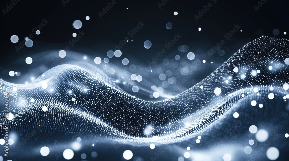 Poster abstract digital wave of flowing particles, illuminated by soft white light against a dark backgroun