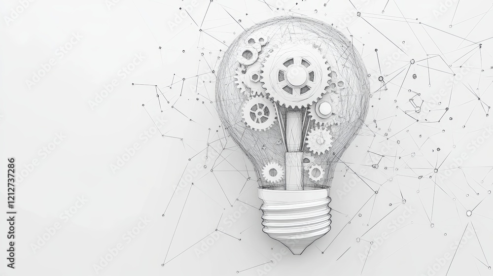 Poster light bulb with internal gears representing innovation and mechanical design concepts