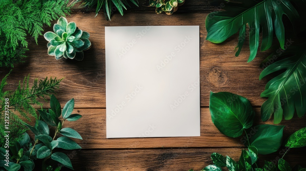 Aufkleber blank picture frame paper surrounded by lush green plants on a wooden table creating a serene and in